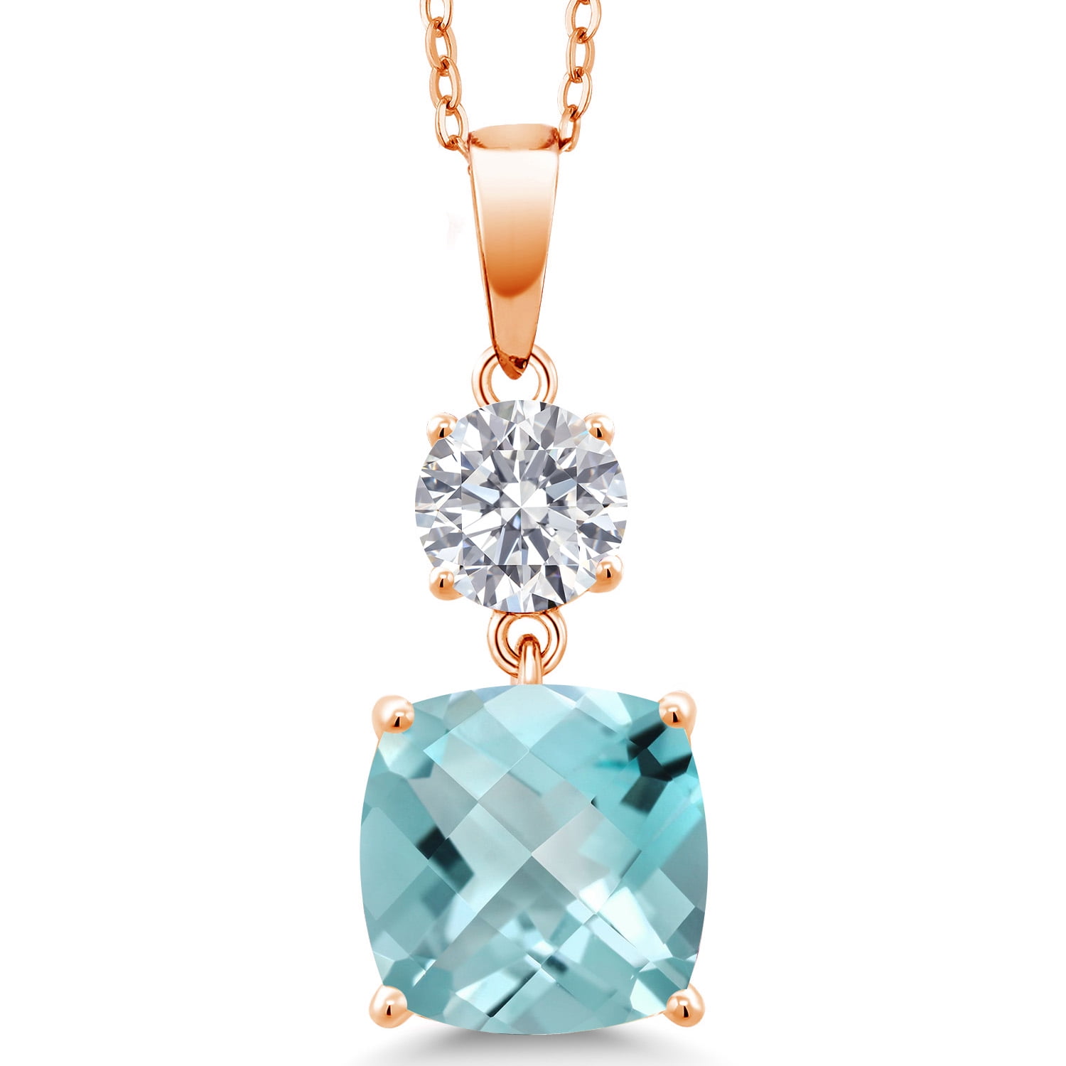 Gem Stone King 18K Rose Gold Plated Silver Sky Blue Topaz and Lab Grown Diamond Pendant for Women | 5.89 Cttw | Gemstone November Birthstone | Cushion Checkerboard 10MM