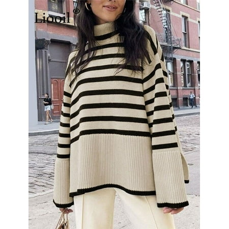Black And White Stripe Sweater Streetwear Loose Tops Women Pullover Female Jumper Long Sleeve Turtleneck Knitted Ribbed Sweaters