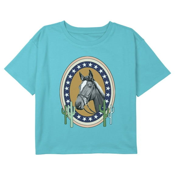 Girl's Lost Gods Western Horse Star Frame Portrait Graphic Cropped T-Shirt Blue Small