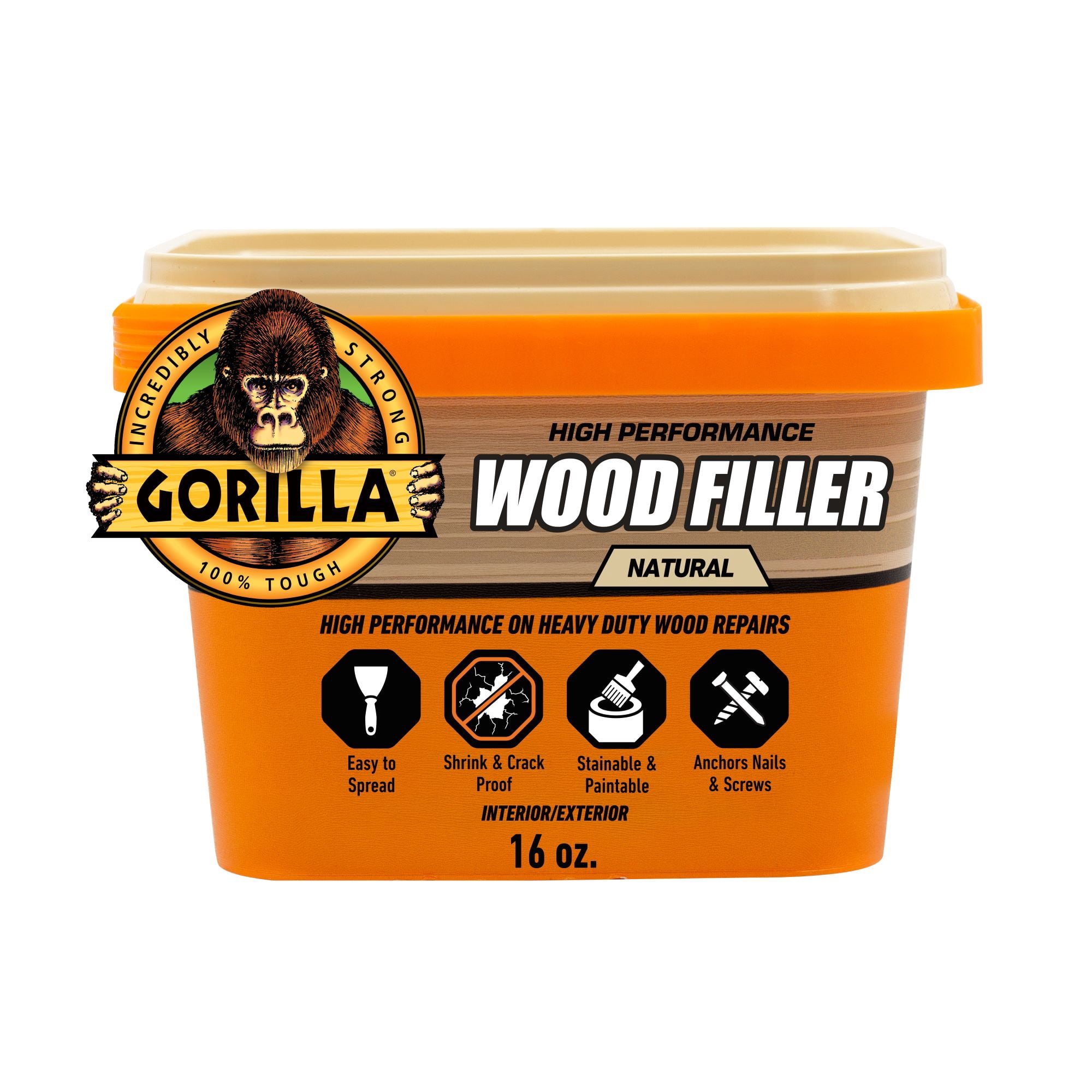 (6 pack) Gorilla All Purpose Wood Filler, Natural Finish, 16 Ounce Tub - Water Resistant for Indoor or Outdoor Projects and Repairs