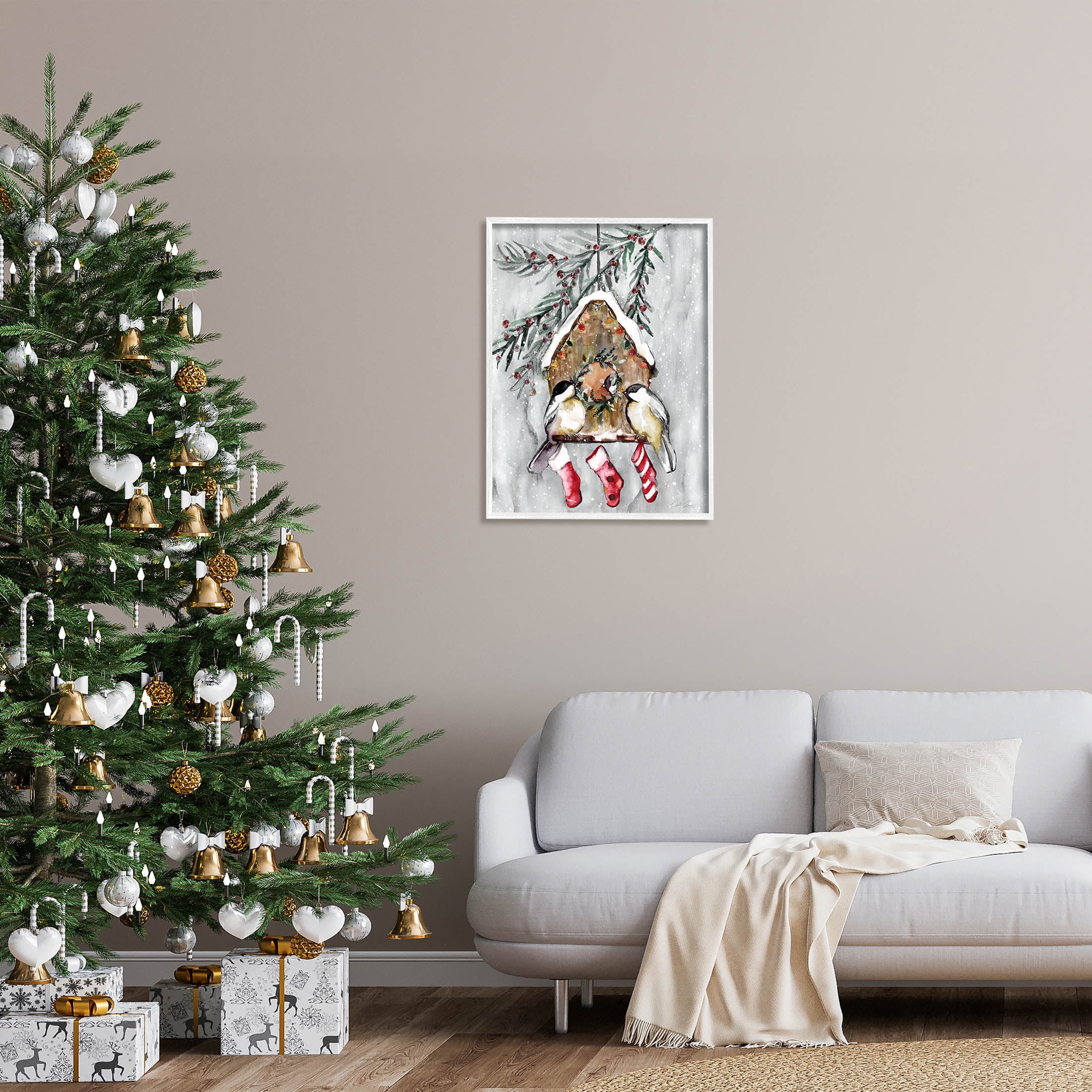 Stupell Industries Holiday Stockings Birdhouse Perched Graphic Art White Framed Art Print Wall Art, Design by Stella Chang