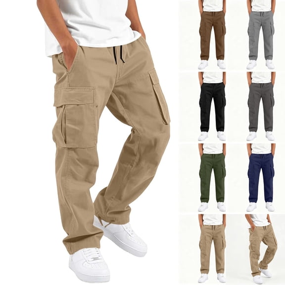 Efsteb 5-15 Years School Uniform Pants for Boys Cotton Baggy Drawstring Cargo Pant Elastic Waist Straight Leg Joggers Teen Back to School Trousers, Sports Outdoor ,Hiking Pants with Pockets