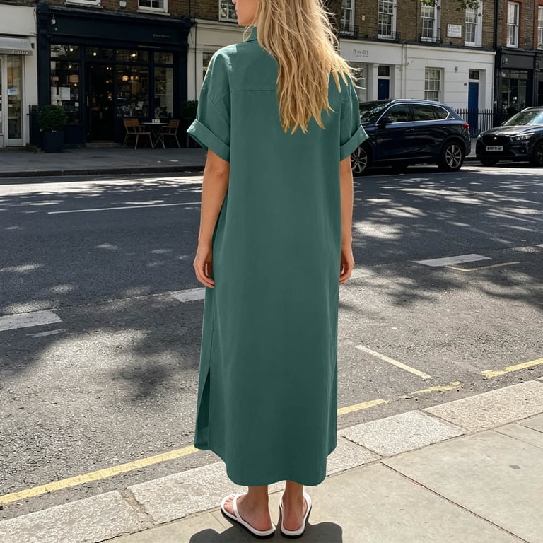 Sokhug Womens Maxi Shirt Dress Cotton Blend Short Sleeve Button Down Dress with Pockets Side Split Loose Casual Dresses
