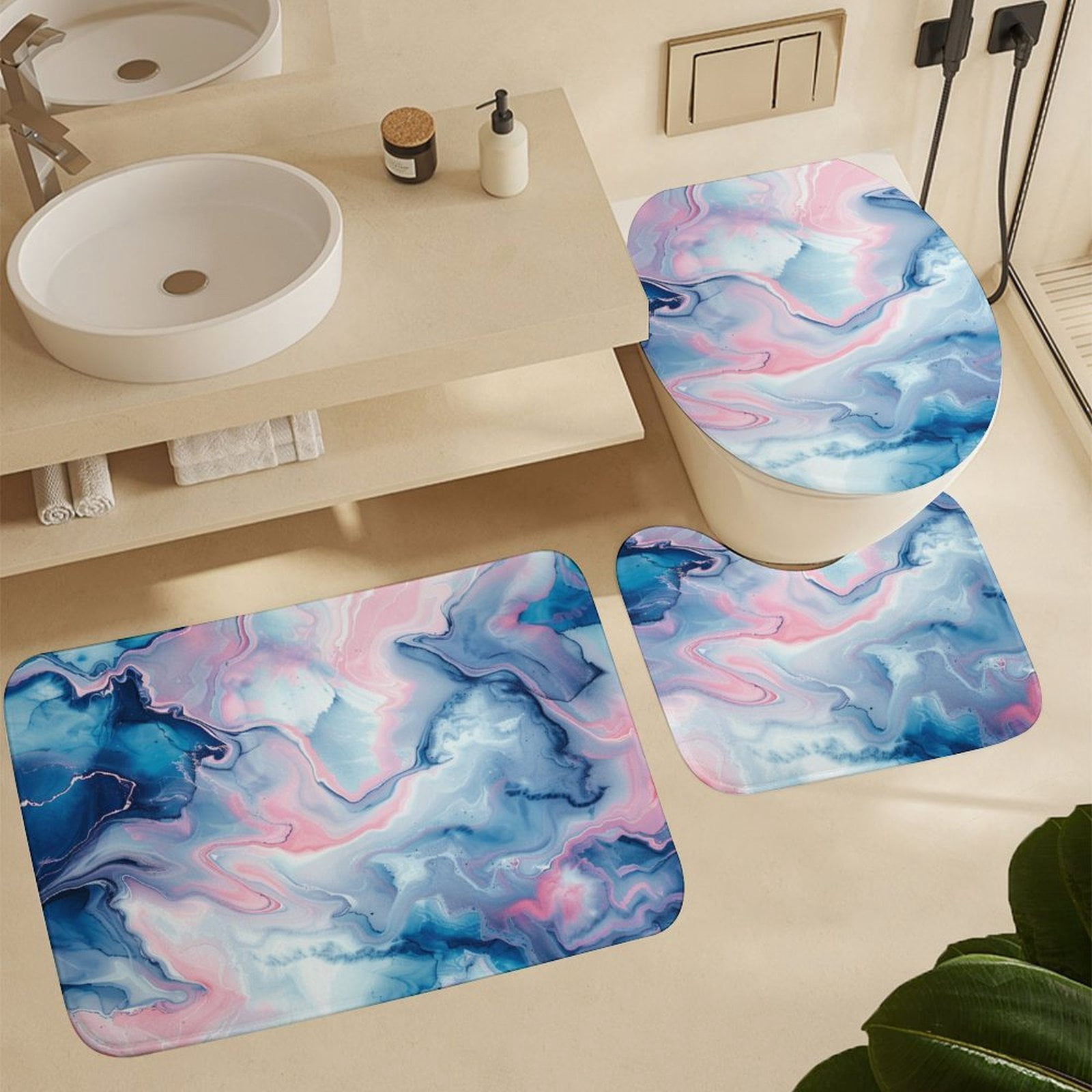 4 Piece Decor Shower Curtains Sets Bathroom Sets with Shower Curtain And Rugs 4 Piece Light Blue Pink Marble Texture Waterproof Fabric Bath Curtain Stone Surface Pattern for Bathtub Decor