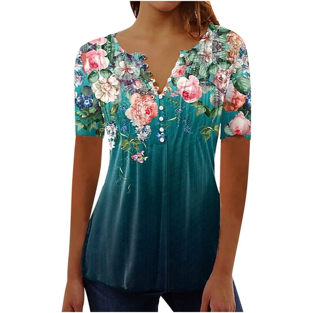 Tops de Manga Corta con Cuello en V para Mujeres, Moda de Verano Sexy Plegado Impreso Botón Regular para Fiesta Y Ocasional