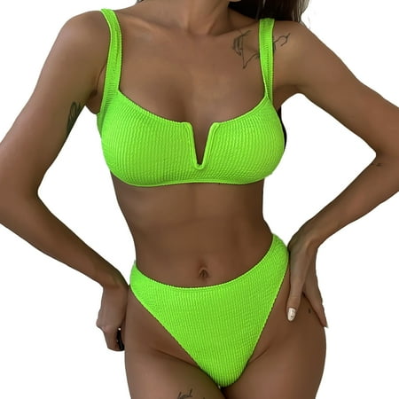 siilsaa Bikini Set for Women Two Piece Swimsuits V-Wire Bralette High Waisted High Cut Cheeky Bottom Green S