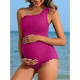thumbnail image 4 of Sociala Ribbed Maternity Swimsuit Scalloped One Shoulder Bathing Suit Ruched Pregnancy Swimwear, 4 of 6