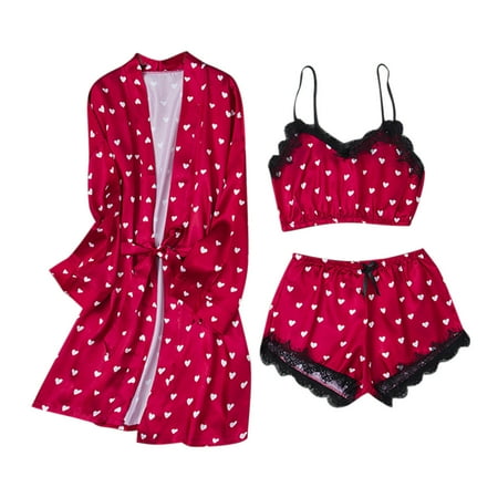 

KBKYBUYZ 3PCS Lingerie Suit Women Lace Patchwork Silk Satin Temptation Babydoll Underwear Underpants Sleepwear Shorts+Cami+Nightgown Suit
