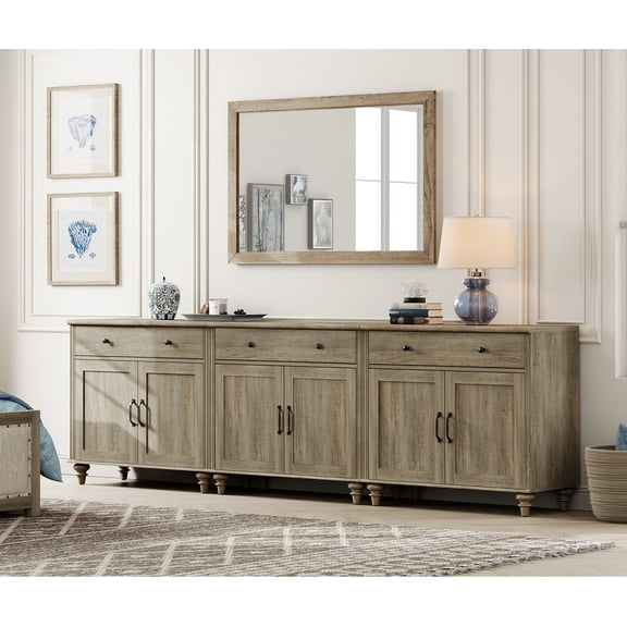 WAMPAT Farmhouse Credenza Sideboard, 3-in-1 Multifunctional Buffet Cabinet with 3 Drawers & 6 Doors, Wash Grey Storage Console for Home Dining Room Kitchen