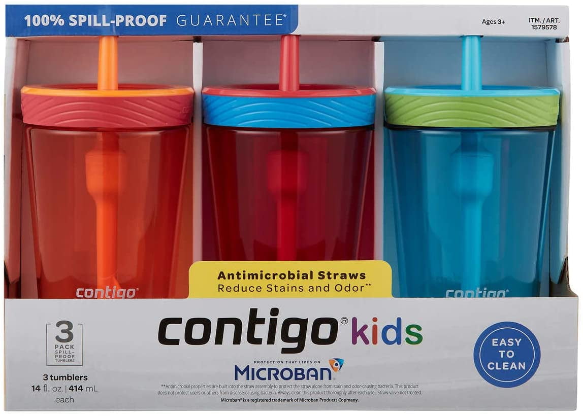Contigo Spill-Proof Kids Tumbler, 3-Pack, Pink, Green, Aqua. 