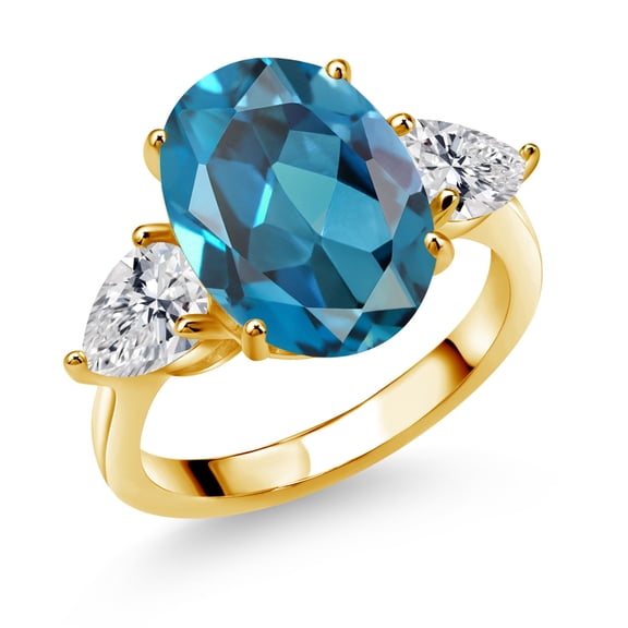 Gem Stone King 18K Yellow Gold Plated Silver London Blue Topaz and Lab Grown Diamond Engagement Ring for Women | 7.54 Cttw | Oval 14X10MM | Gemstone November Birthstone | Size 5