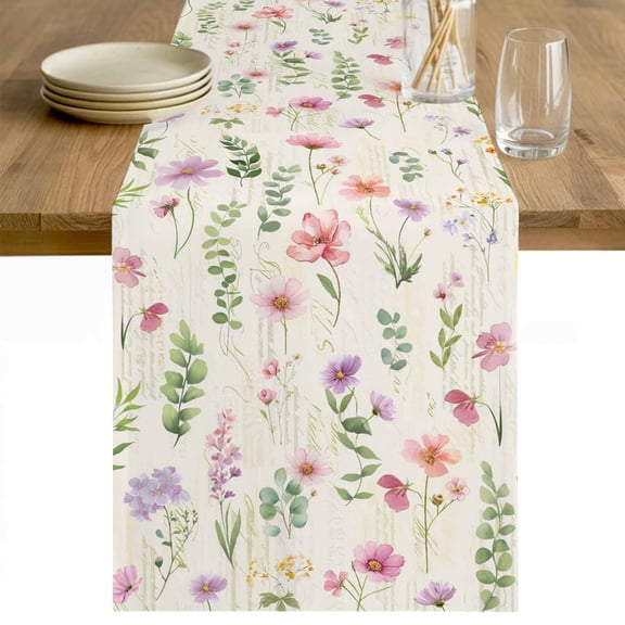 Pink Spring Floral Table Runner - 60 Inch Long Flowers Elegant Pastoral Botanical Cotton and Linen Blended Dress Scarves Farmhouse Table Runner for Kitchen Dining, Coffee Table, 13" x 60"