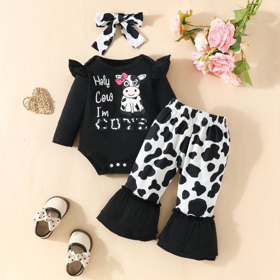 VOUZZA Cow Print Baby Girl Outfits, 3-Piece Long Sleeve Romper, Flare Pants and Headband Set, Toddler Fall Winter Clothes, 0-24 Months
