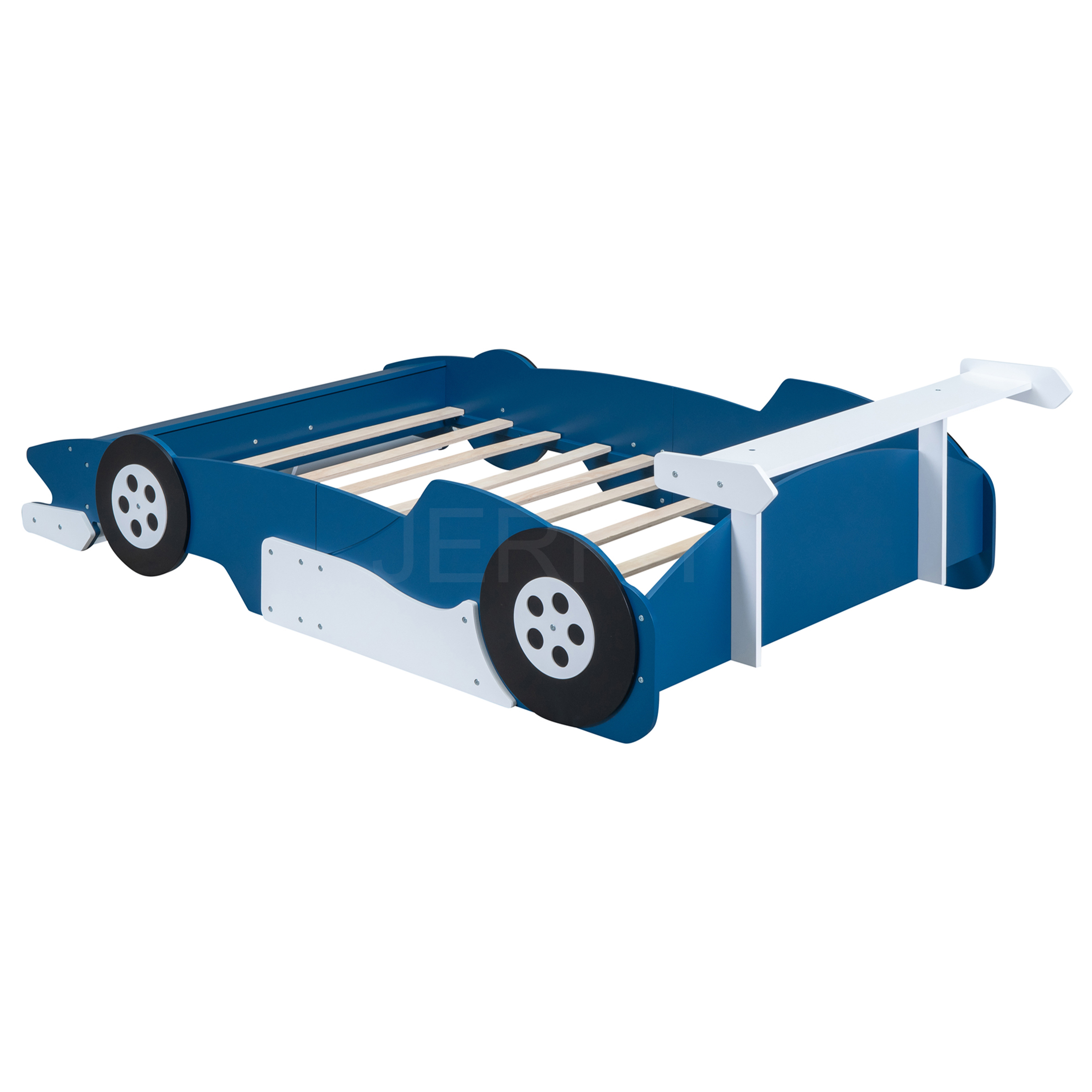 JERFIT Full Size Race Car Platform Bed with Wheels, Blue, Sturdy Plywood Frame for Modern Bedrooms