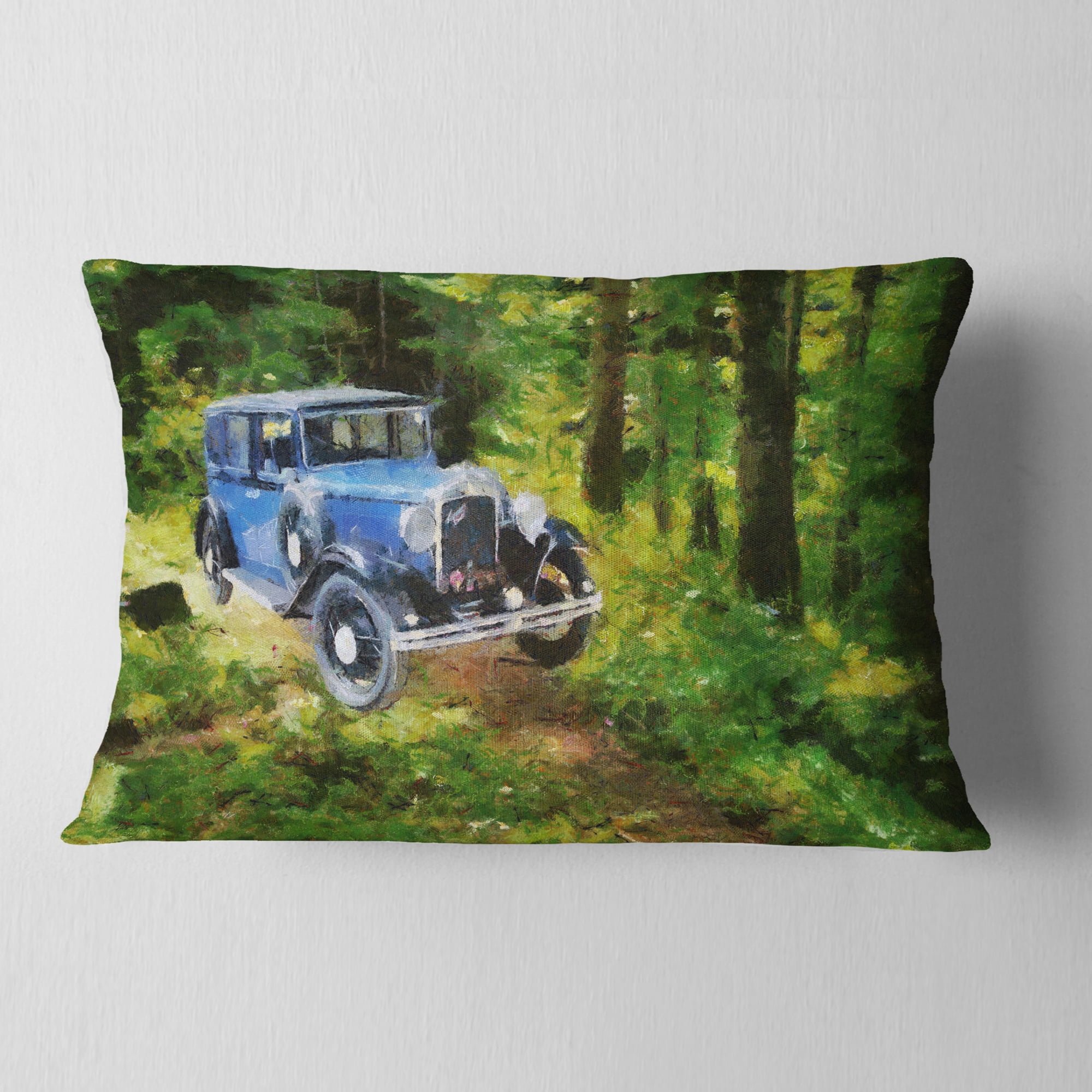 Designart Blue Vintage Car Oil Painting - Car Throw Pillow - 12x20
