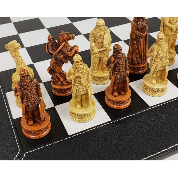 Antique White Brown Norse Viking Chess Set 18" Black White Faux Leather Board