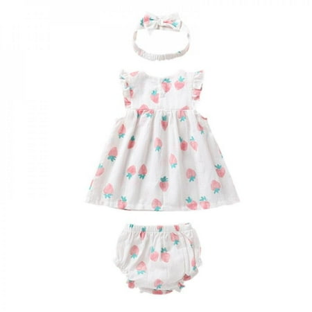 

Clearance!Infant Ruffle Sleeveless Strawberry Print Skirt with Pants Briefs and Headband Toddler Tutu Dress Cute Romper Skirt 3 pcs Set