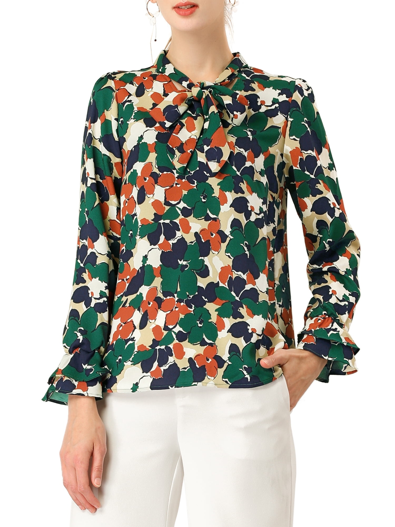 DARING DIVA Women's Tie V Neck Floral Shirt Trumpet Blouse L Green