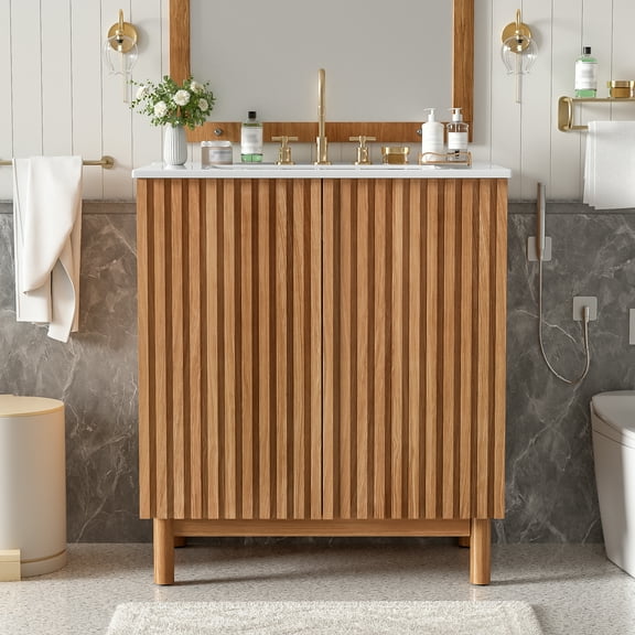 Harper & Bright Designs 29.9" Fluted Bathroom Vanity with Sink, Bathroom Cabinet Freestanding with Storage, Modern Bathroom Cabinet with Adjustable U-Shaped Shelf, Wood
