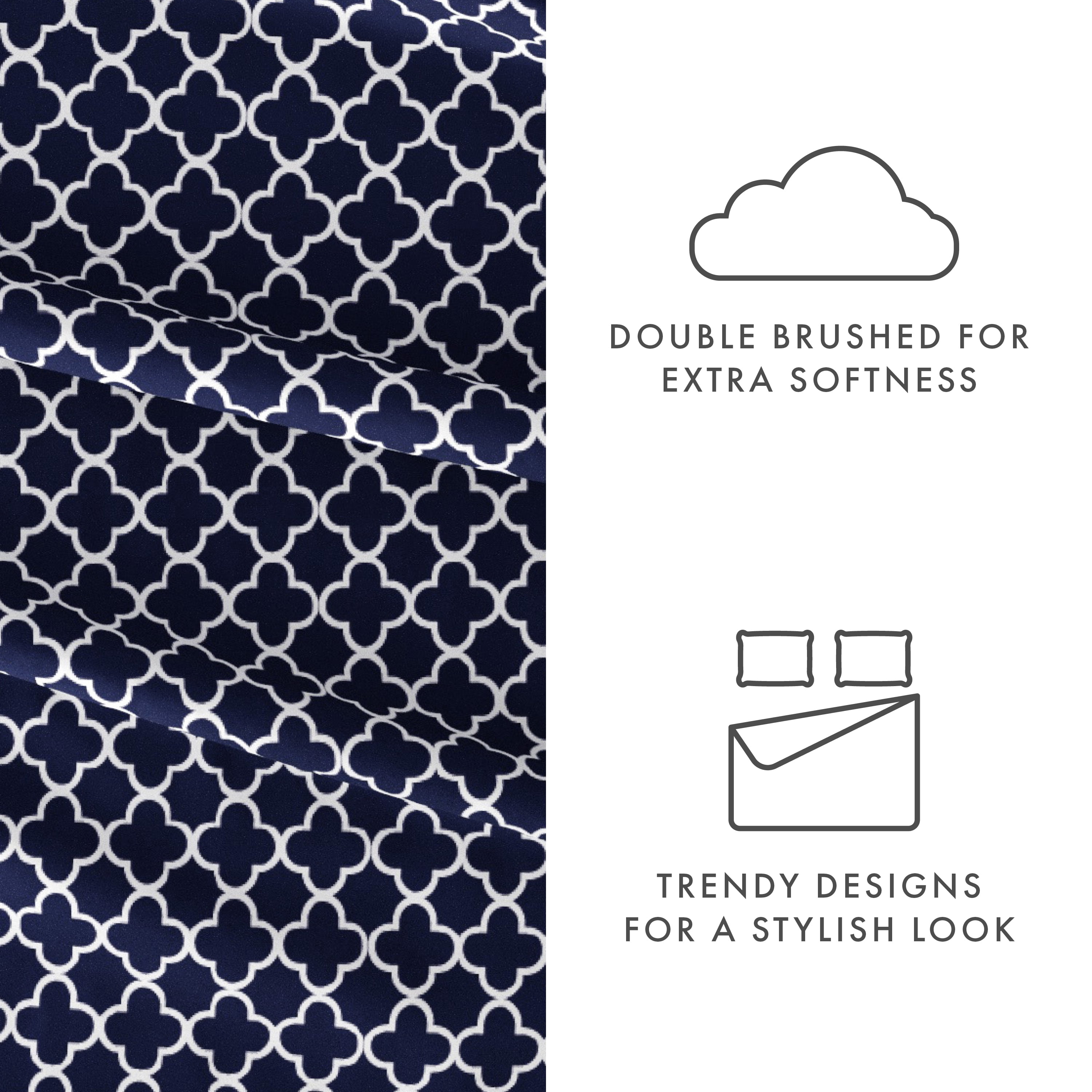 Noble Linens 4 Piece Pattern Microfiber Bed Sheets Set, Navy Quadrafoil, King
