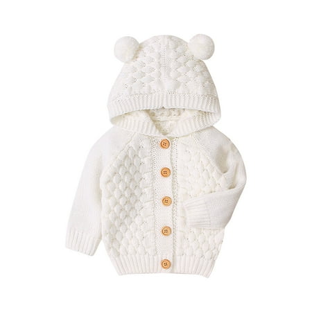 

BIZIZA Infant Baby Jacket Solid Color Knitted Hooded Button Up Ears Long Sleeve for 3M-2Y Chlid Tops Beige 73