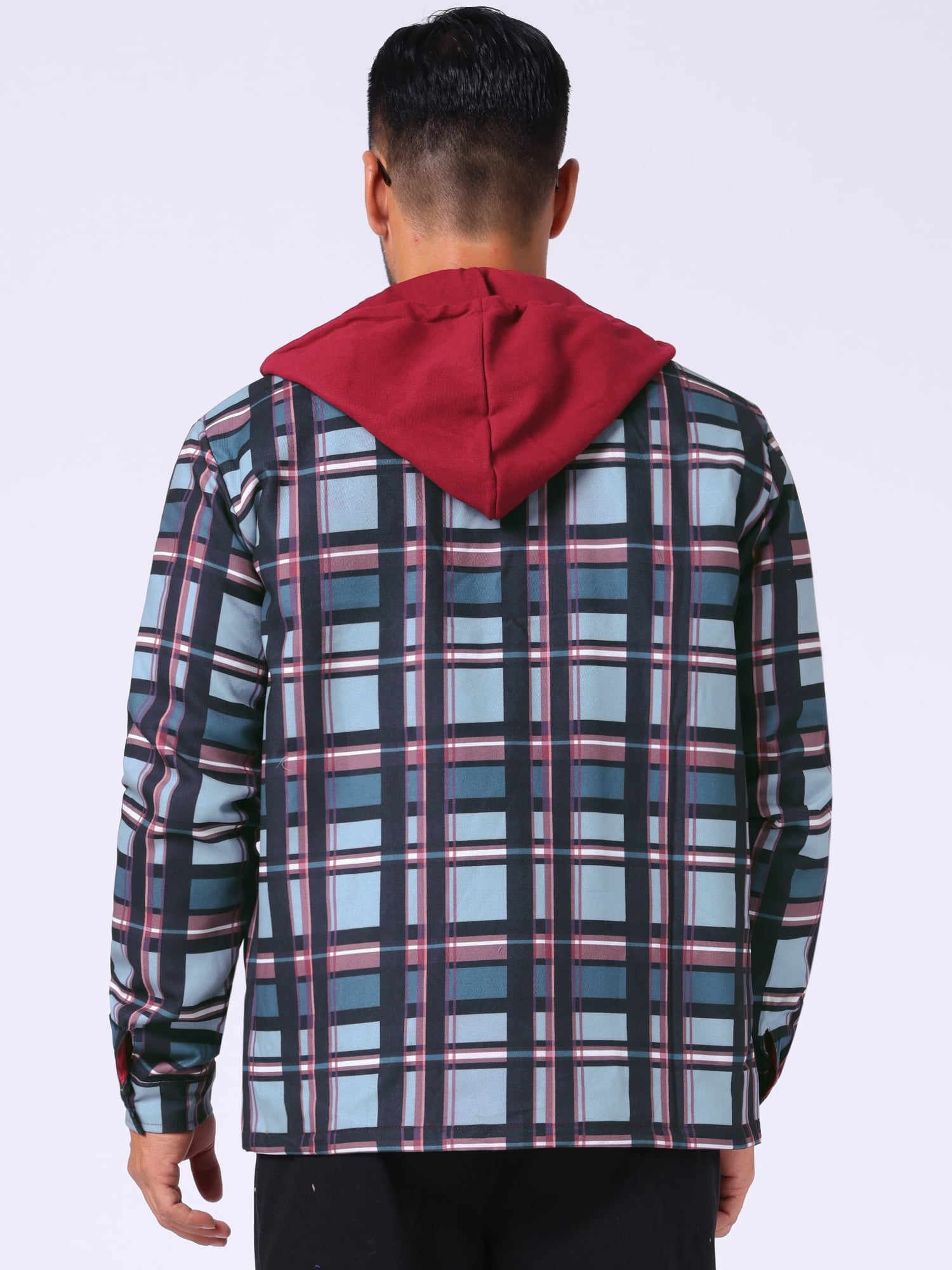 DARING DIVA Shirt Jacket Drawstring Hooded Plaid Shacket M Red Gray