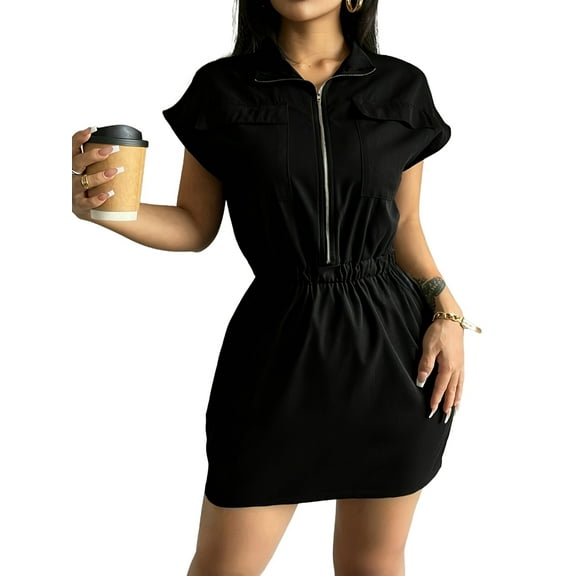 Women'S Short Sleeves Multi-Pocket Collared Shirt Dress Zip Up Cowgirl Dresses Black S