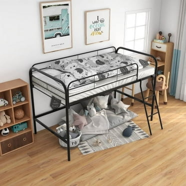 DreamBuck Loft Bed, Twin Size Loft Bed with Removable Ladder and Safety Guardrails, Metal Loft Bed for Kids and Adults, Low Loft Bed Frame for Bedroom and Dorm, Noise Free, No Box Spring Needed