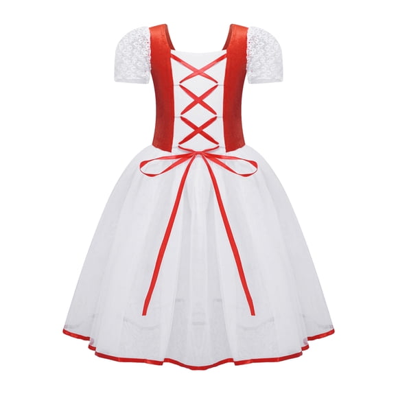 Runhomal Girls' Short Bubble Sleeves Ballet Lyrical Dance Tutu Dress Gymnastics Leotard Costumes Burgundy M