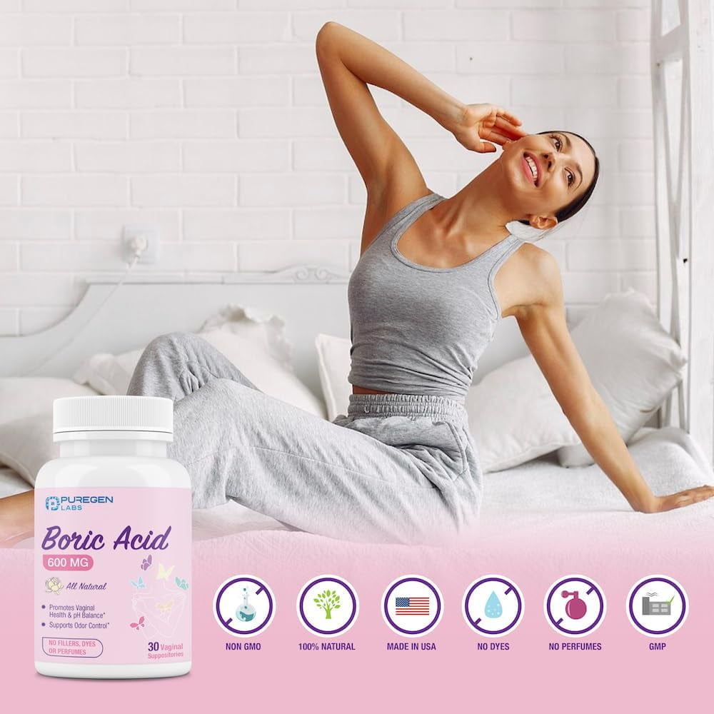 Puregen Labs Boric Acid 600mg Feminine Health Suppositories, 30 Count, 4-PK