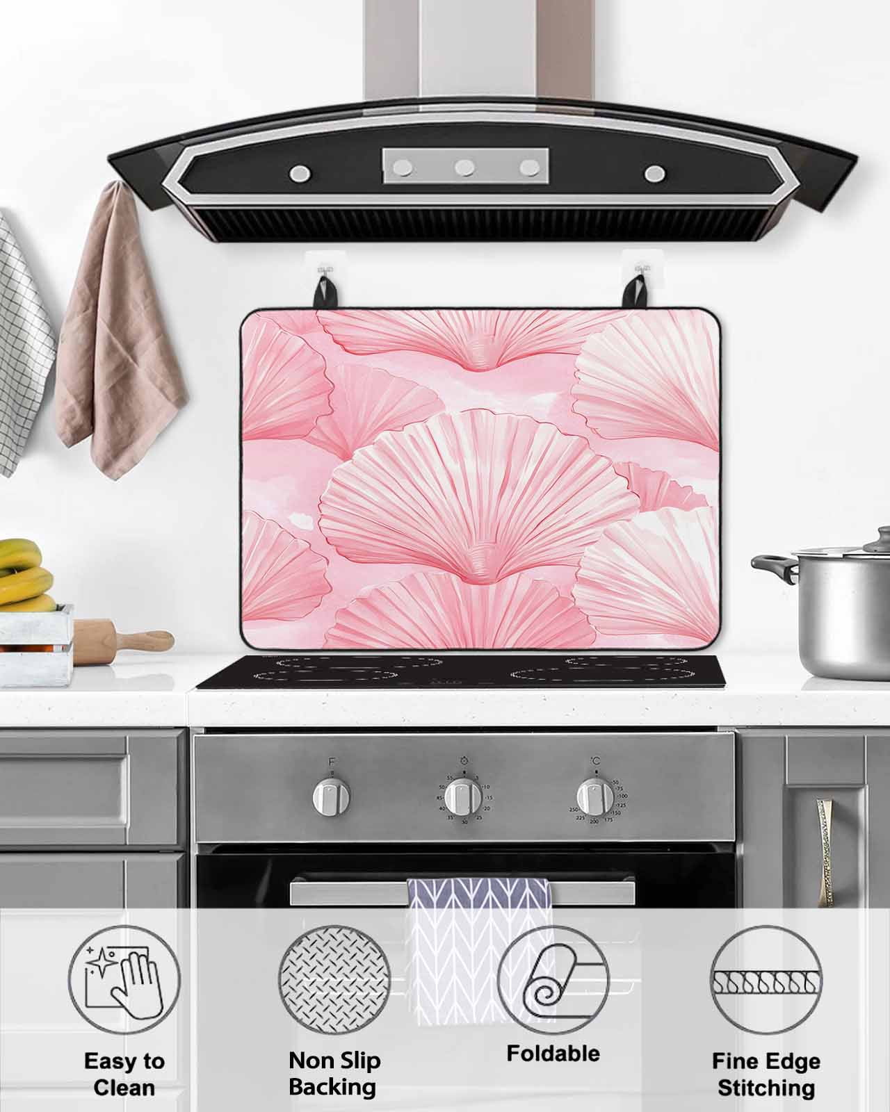 nqOlkjepod Large Induction Cooktop Protector Mat 24"x21", Pink Coastal Shell Stove Top Covers for Electric Stove, Summer Nautical Beach Ocean Stove Burner Cover Mats, Glass Top Stove Cover