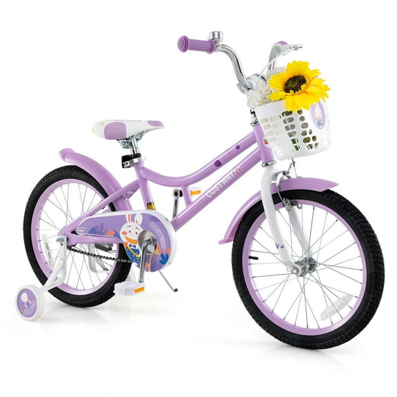 Costway 18" Girl Bike with Basket Detachable Training Wheels Adjustable Seat Handbrake Coaster Brake Purple
