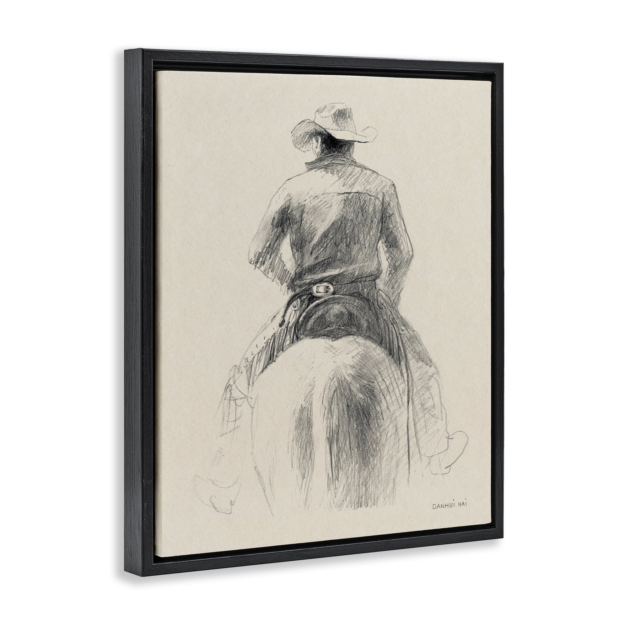 Stupell Industries Traditional Drawing of Cowboy People Drawing Black Floater Framed Canvas Art Print Wall Art, 17 x 21