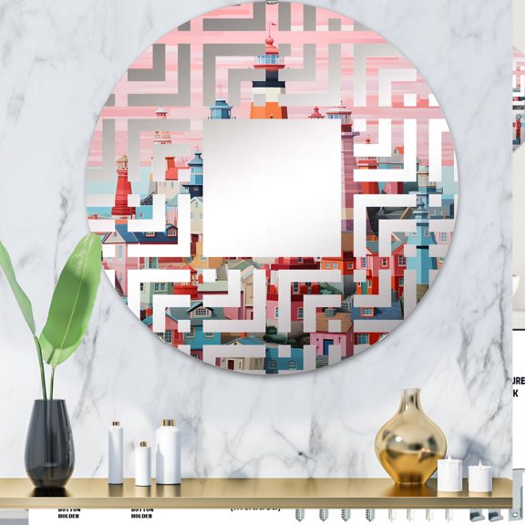Designart "Cubic Lighthouses in Minimalism I" Lighthouses Maze Round Wall Mirror - Architecture Oval Printed Decorative Mirror - Multiple Color Options
