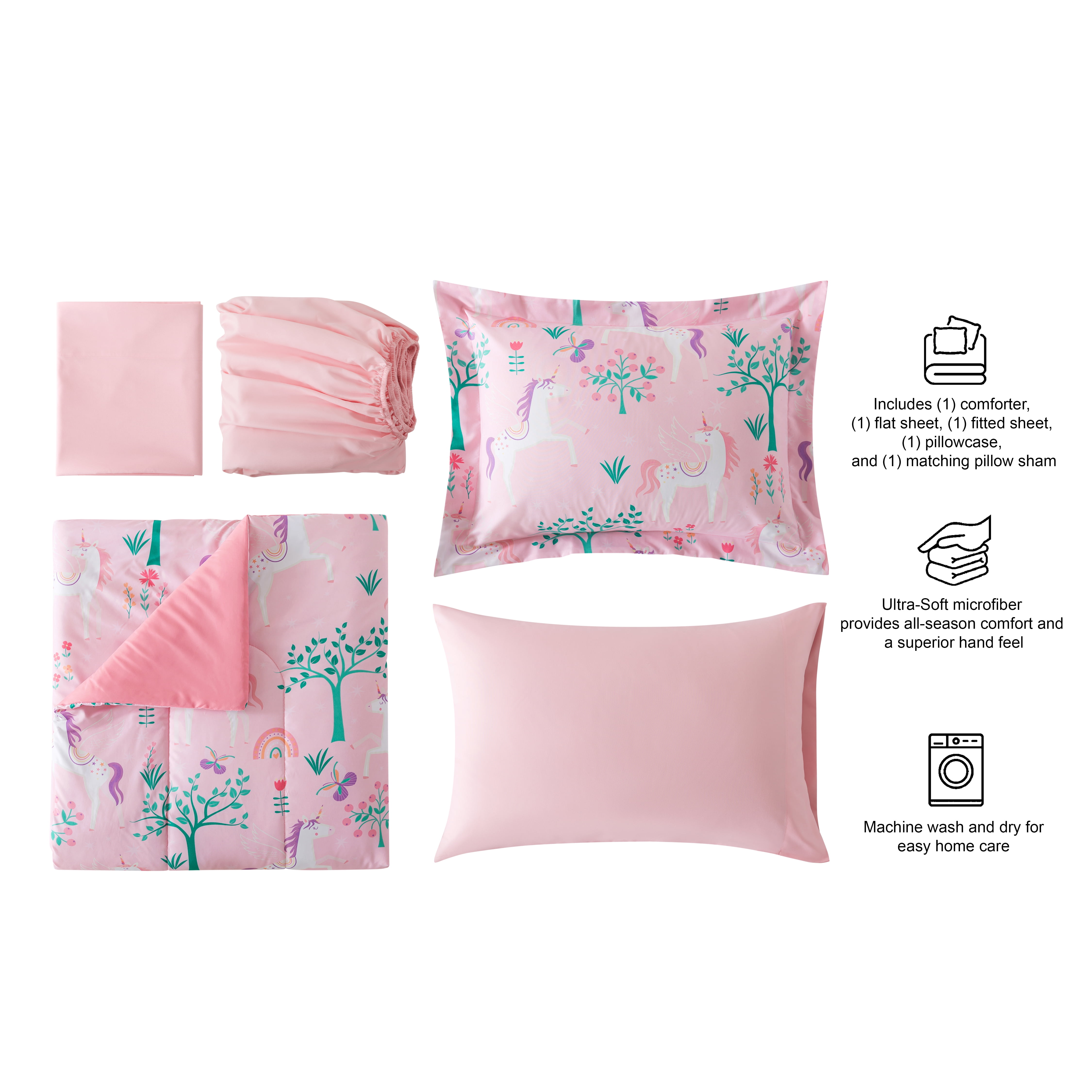 Your Zone Glow in the Dark Pink Unicorn 5-Piece Twin Bedding Set with Fabric Storage Bag