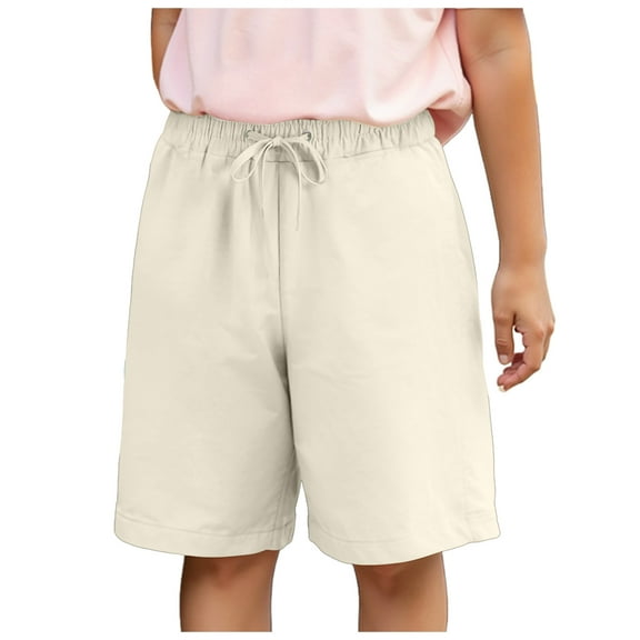 Sopiago Bermuda ShortsGirls Knee Length Shorts Straight Leg Long Shorts Loose Casual Solid Drawstring Elastic Waist Short Pants (Beige,6-7 Years)