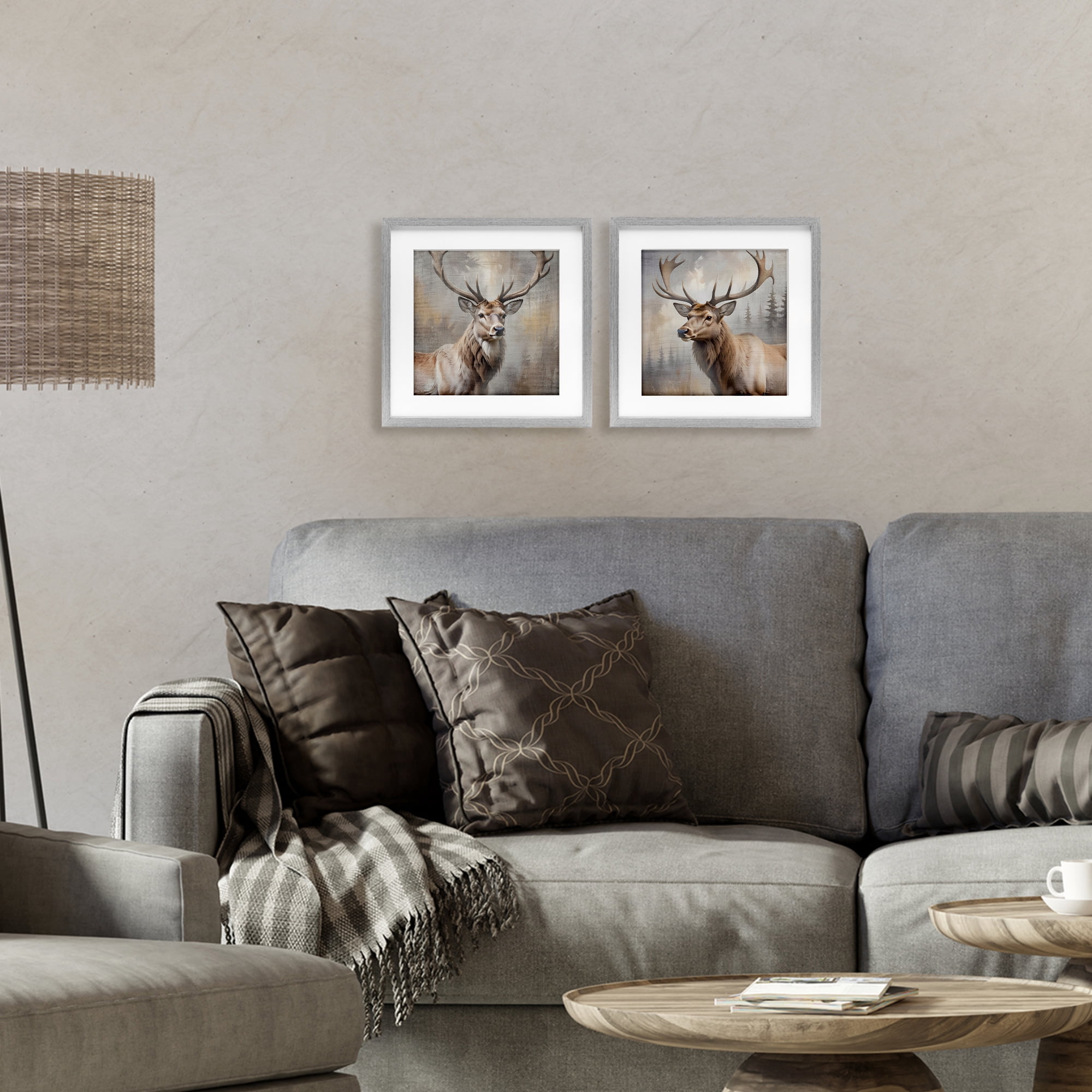Stupell Industries Glancing Forest Stags 2 Piece Gray Framed Print Under Glass Set, design by Susan Arnot