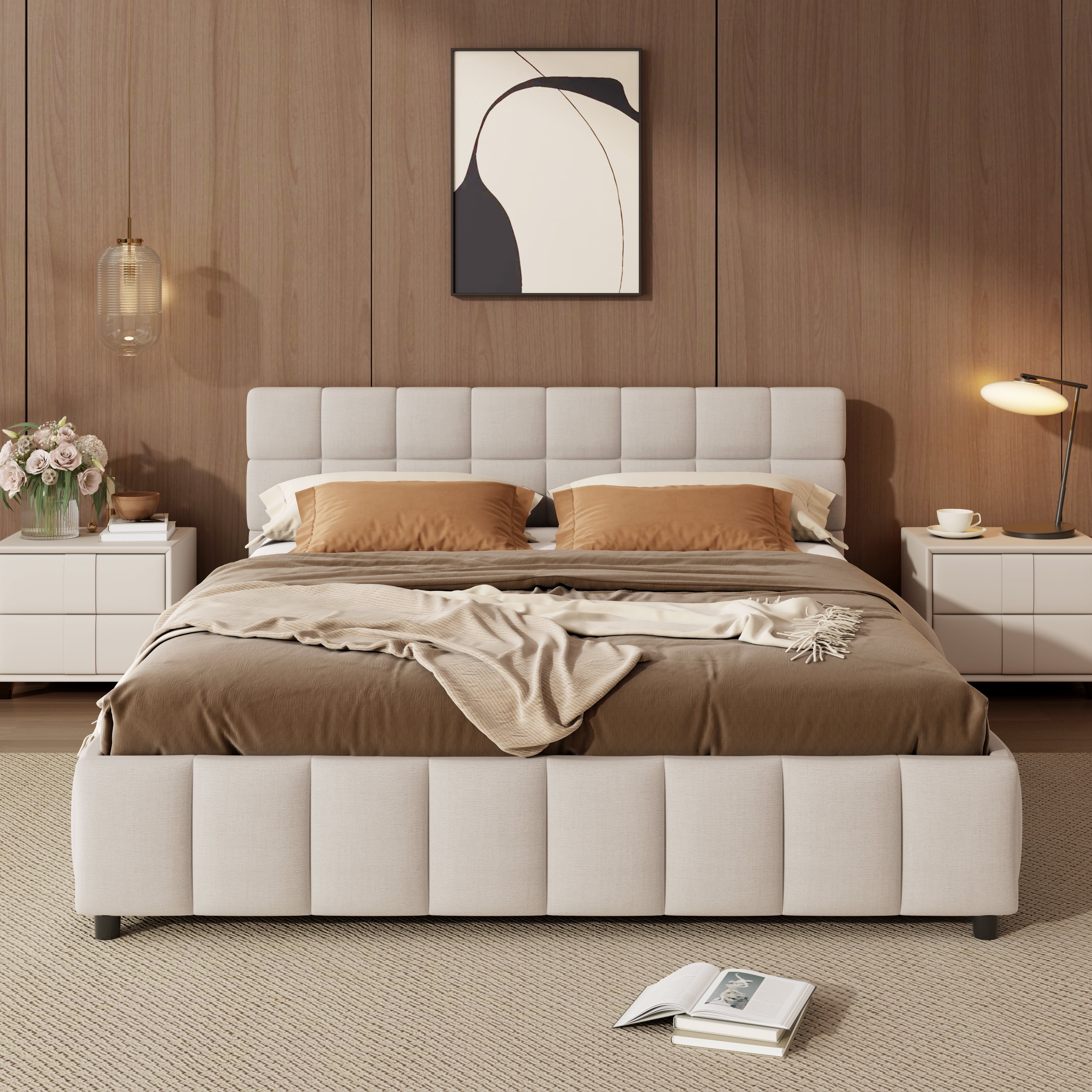 Queen Size Upholstered Platform Bed Frame with 4 Storage Drawers