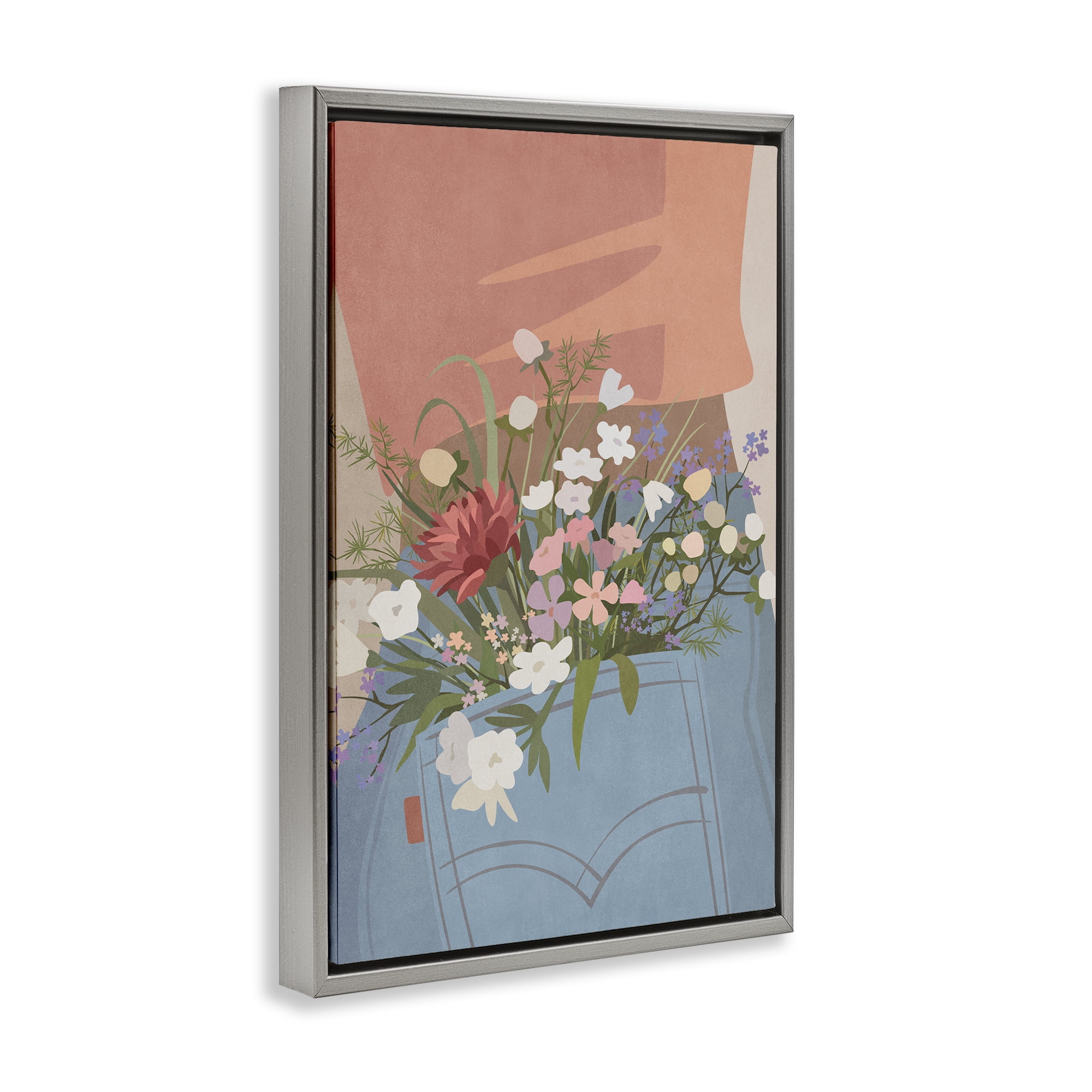 Stupell Industries Flowers in Jeans Pocket Plants & Flowers Painting Gray Floater Framed Canvas Art Print Wall Art, 21 x 31