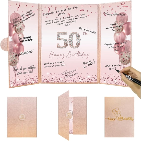 Rose Gold 50th Birthday Party Decorations, Happy 50th Birthday Alternative Signature Guest Book for Women Pink Cheers to 50 Years Old Gifts 50 Birthday Signing Card Board Party Supplies
