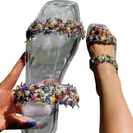

Cathalem Fuzzy Slippers for Women Shoes Bottom Fashion Rhinestone Beach Slippers Large Size And Flat Spring Summer Pearl Women Shoes Clear 8
