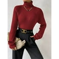 thumbnail image 2 of Sweater for Women High Neck Ribbed Knit Sweater Trendy Clothes Wine Red M, 2 of 8