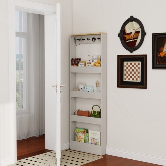 Behind The Door 69" Tall Bookcase with 4 Shelves and 5 hooks, Space-Saving Narrow storage cabinet for Living Room, Children's Room, Study Room, Kitchen, Corridor-Antique White