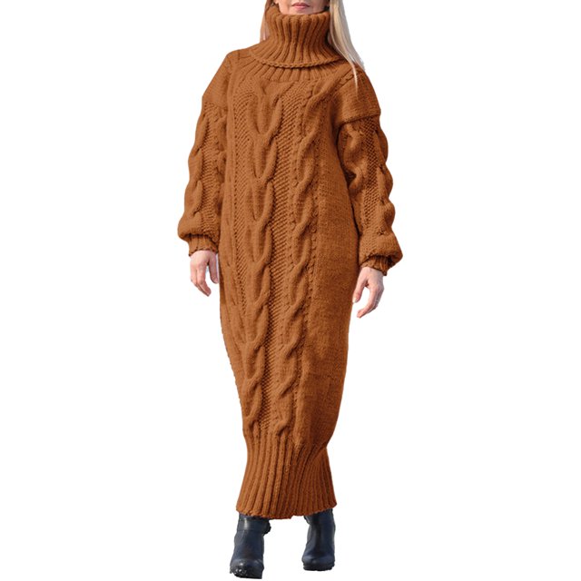 xiaxaixu Robe Longue d'Hiver en Tricot pour Femmes Couleur Unie Manches Longues Col Montant Robe Chandail Ample