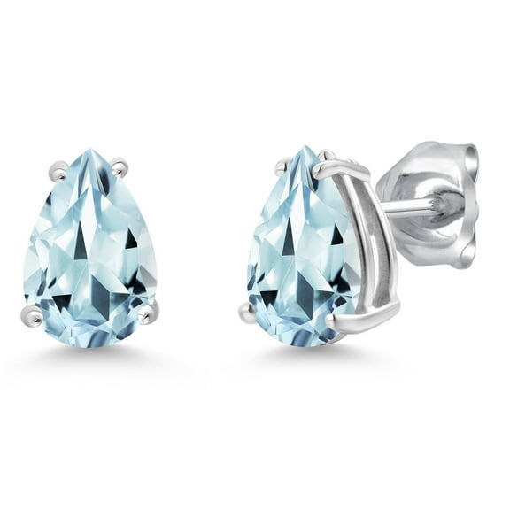 Gem Stone King 14K White Gold Sky Blue Aquamarine Double Notch Stud Earrings | 1.80 Cttw | Gemstone March Birthstone | Pear Shape 8X6MM | Gold Earrings for Women Men
