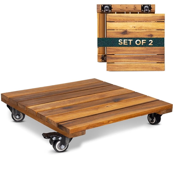 Idzo 2-Pack 14 Inch Wood Plant Caddy with Wheels Heavy Duty, 264 lbs Acacia Hardwood Plant Dolly Rolling Stand with 360° Locka