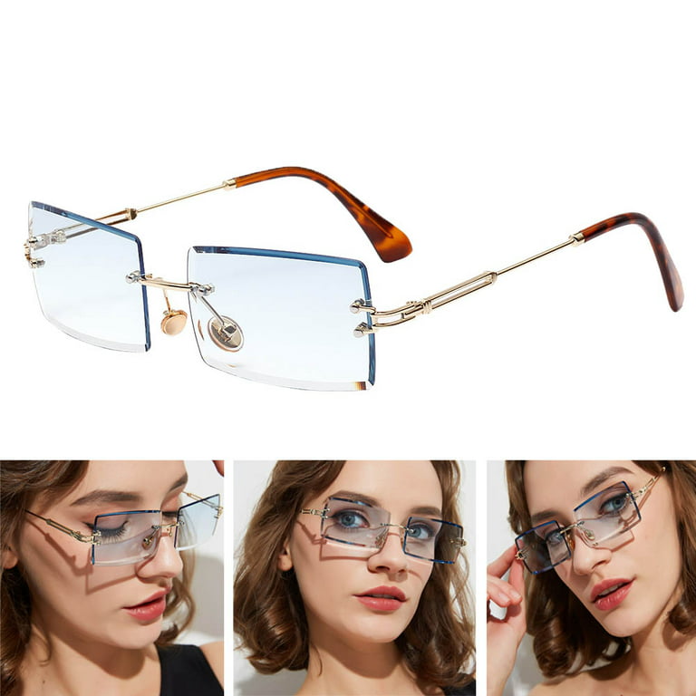Overfox Rimless Rectangle Sunglasses Tinted Frameless Eyewear Vintage  Transparent Rectangle Glasses for Women 