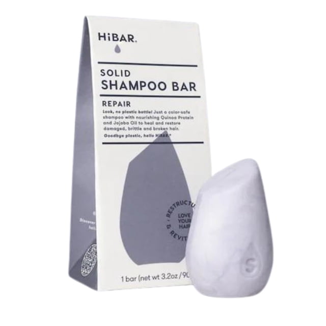 HIBAR - Barra de champú reparadora - Para cabello dañado, roto y quebradizo - Restaura y nutre - Con proteína de quinua y aceite de jojoba - Sin plástico - Jabón sin parabenos ni sulfatos - Color y