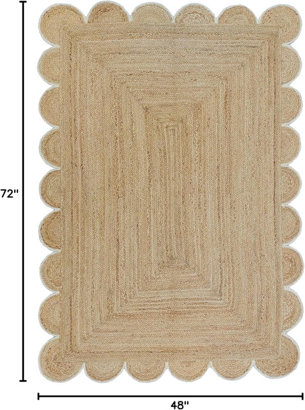 Scalloped Handwoven Natural Jute Area Rug, Off White Trim, 2'x3'