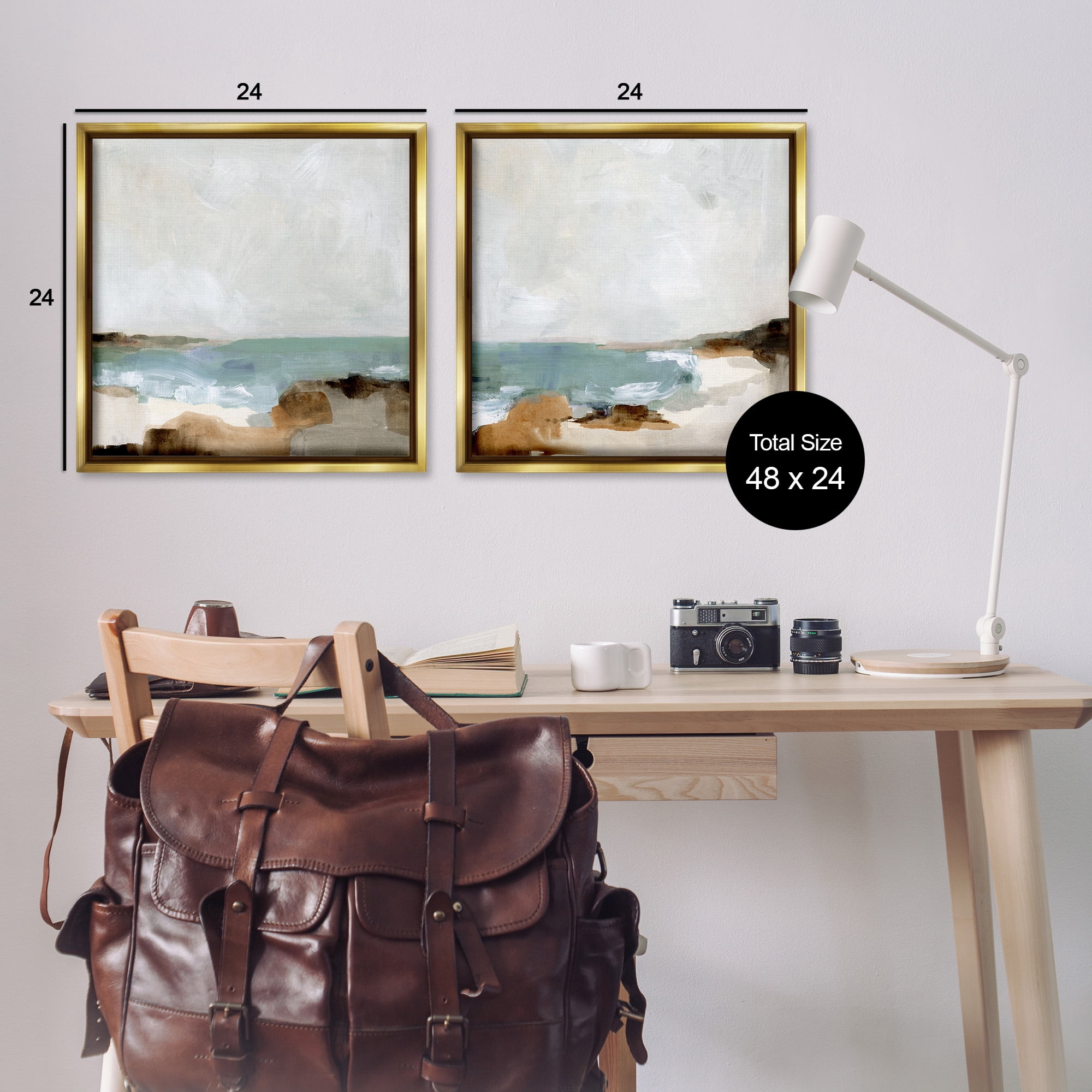 Stupell Industries Abstract Beach Cove Landscape Cliffs Nature Painting Gold Floater Framed Canvas Art Print Wall Art, 25 x 25, Set of 2